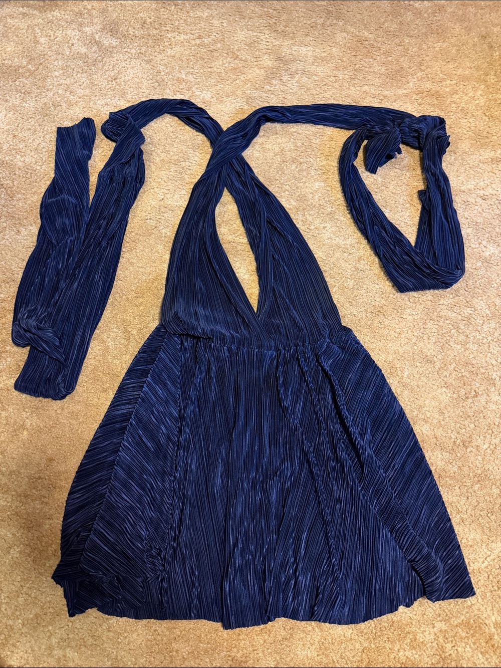Xenia Boutique Navy Pleated Backless Halter Mini Dress